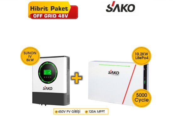 Sako Off-Grid Hibrit Paket 8 kW İnverter + 10.2kWh Lityum Akü resmi